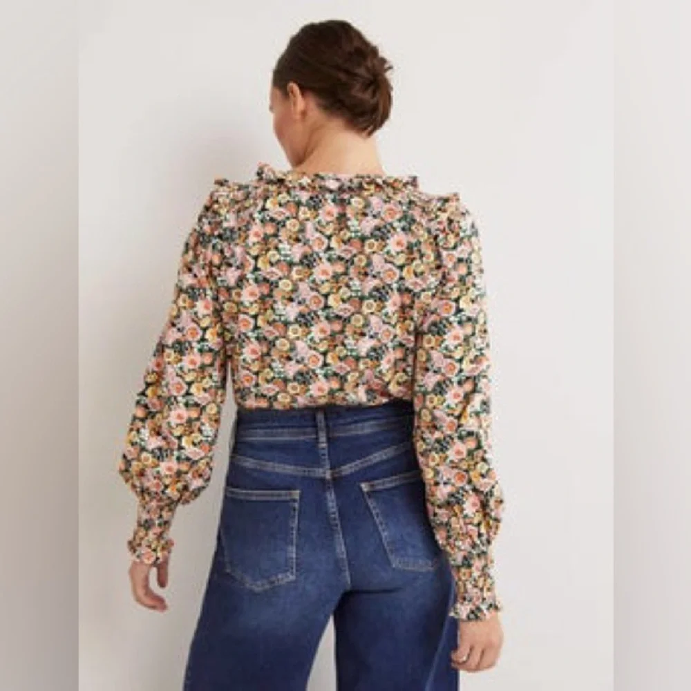 Boden Notch Neck Smocked Frill Top - Picture 3 of 9